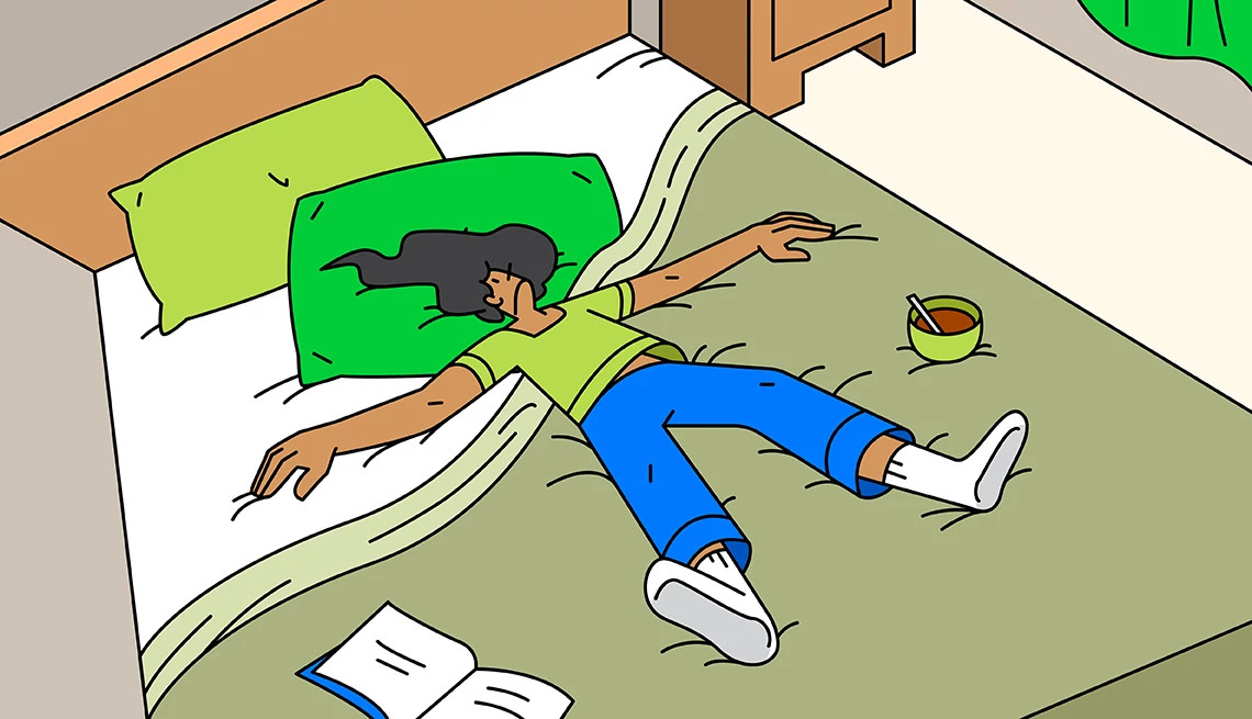 An illustration shows a woman relaxing, spread out on a large bed with a bowl of food and an open book.