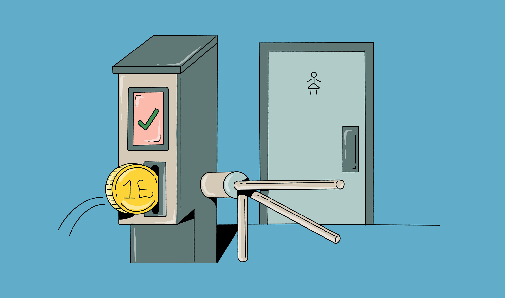 an illustration of a coin going into a turnstyle in front of a bathroom