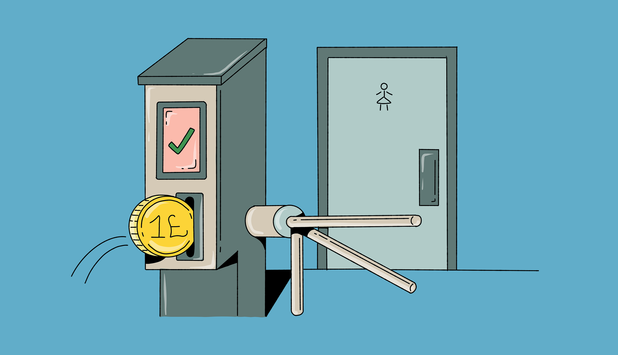 25 Great Ways European Train Travel an illustration of a coin going into a turnstyle in front of a bathroom