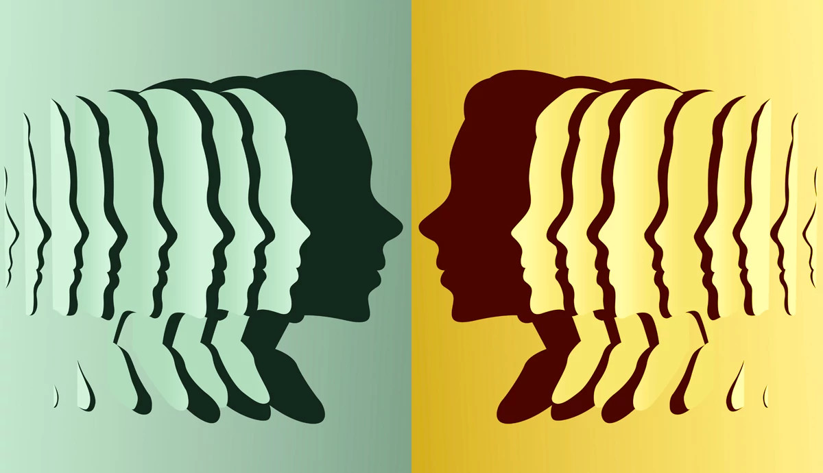 A mirrored illustration of two human profiles facing each other, featuring layered, echoing silhouettes in contrasting cool green and warm yellow tones.