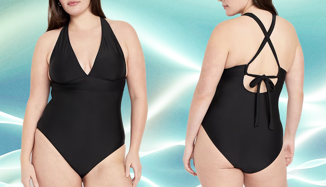 V neckline swimsuit Old Navy Tie-Back One-Piece Swimsuit in Black Jack