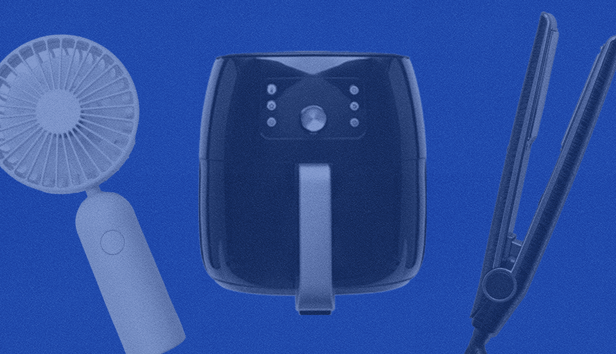 An air fryer, a portable fan, and a hair straightener set against a blue background, overlaid with red speech bubbles containing warning icons