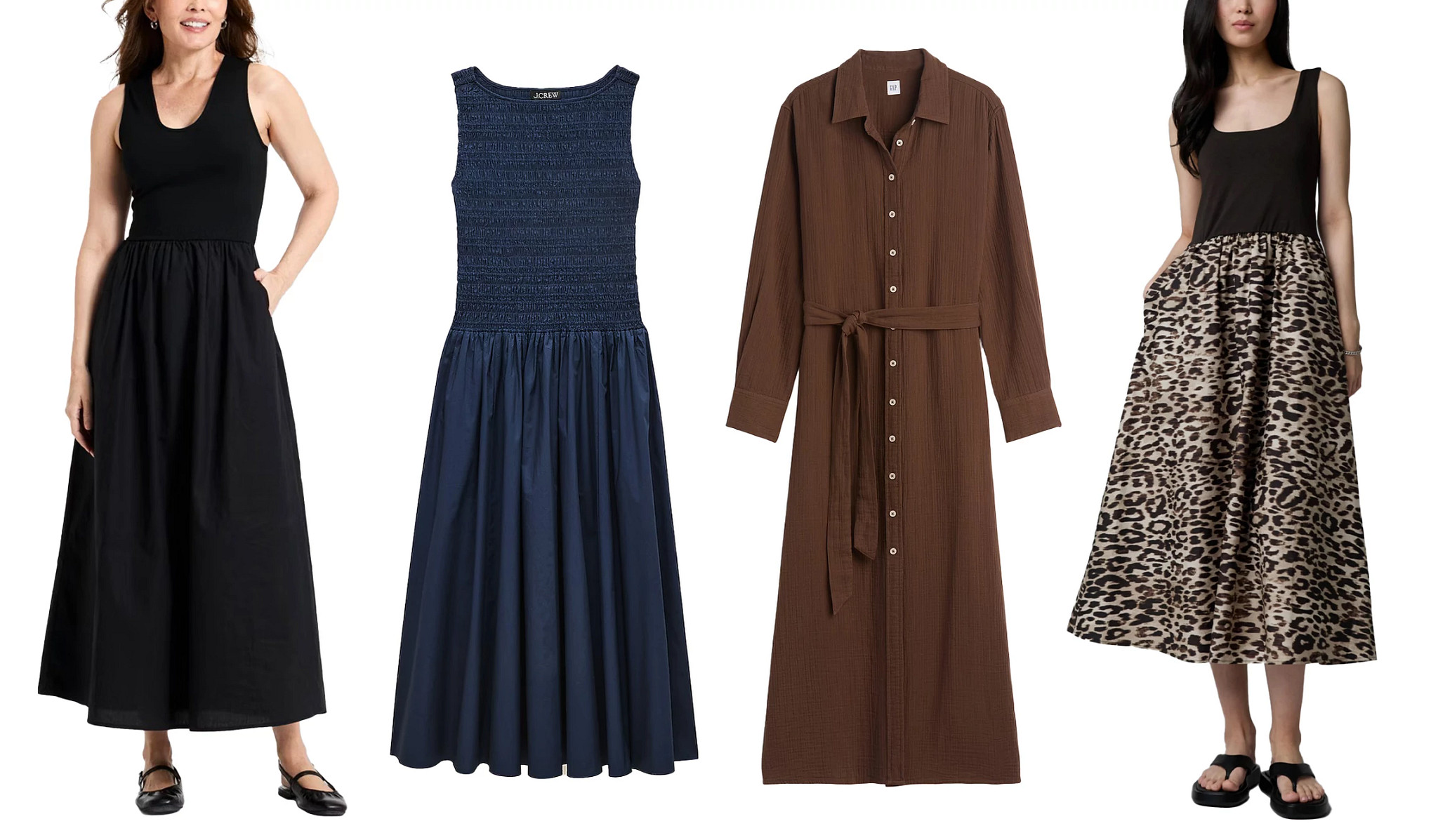 a collage with a navy blue sleeveless midi dress with a smocked top, a brown midi shirt dress, and models wearing two different styles of sleeveless midi dresses