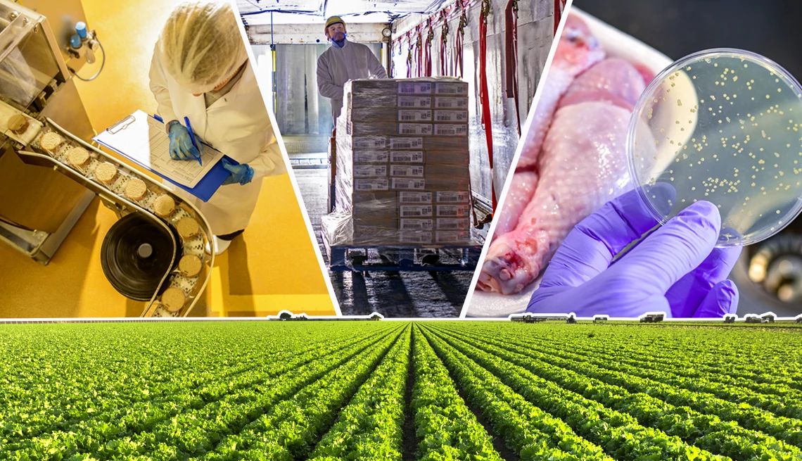 Varias imágenes que muestran el camino de los alimentos de la granja al hogar