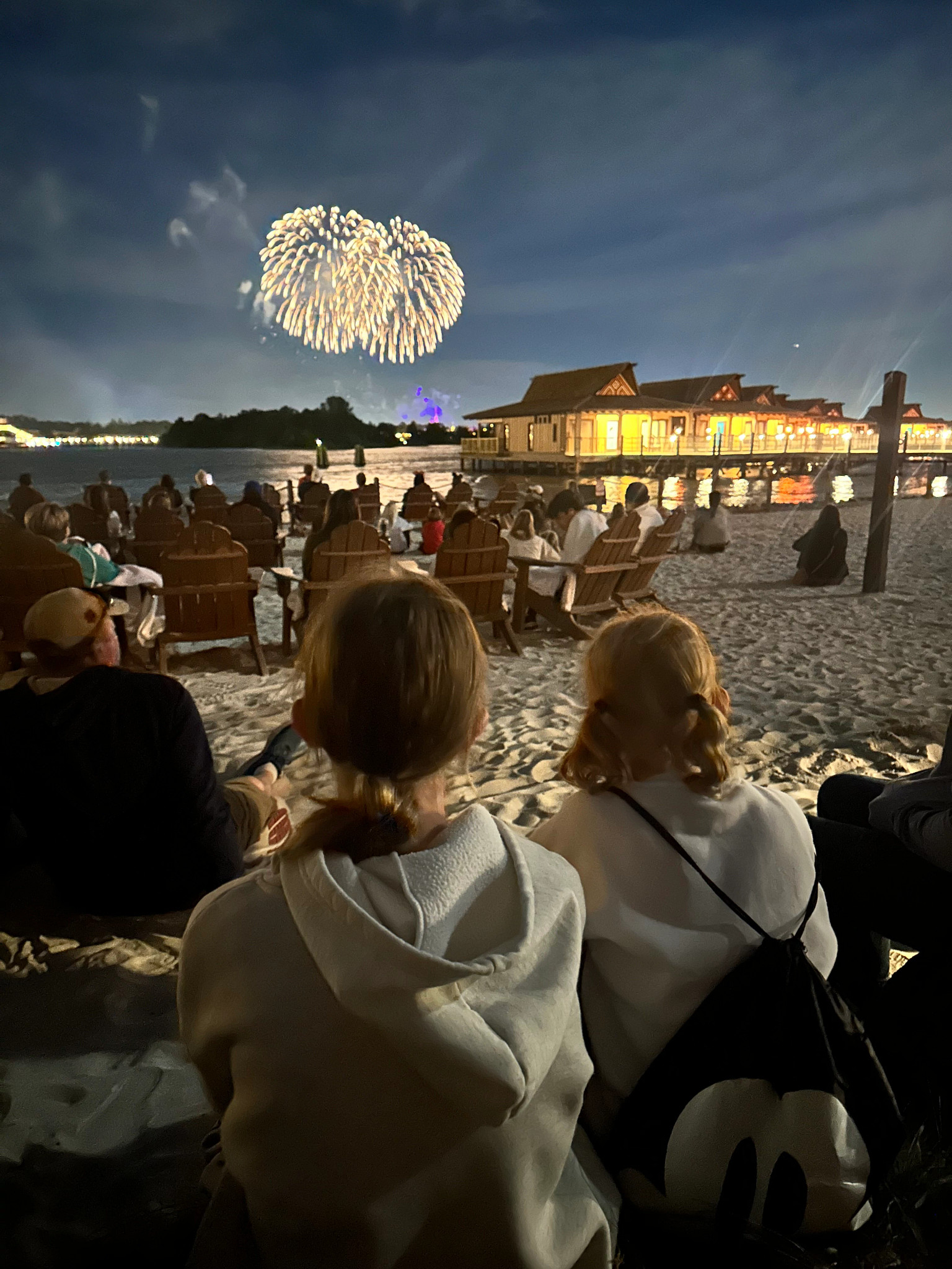 spectators watch from a beach as fireworks are set off at disney world
