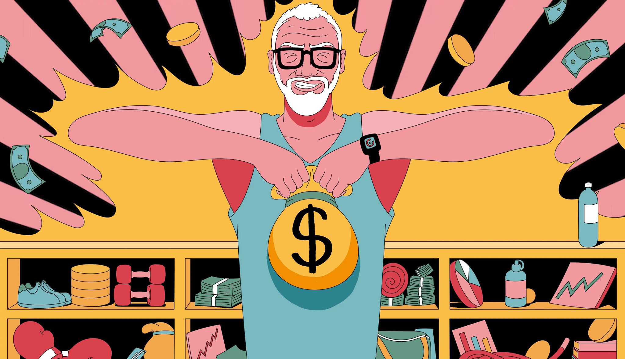 Financial Fitness for Retirees a man in workout gear lifts a sack with a dollar sign on it