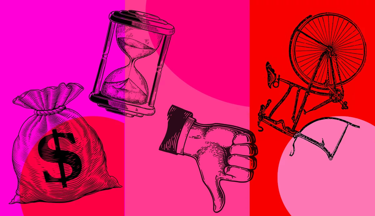 An illustration of a bag of money, an hourglass, a hand doing a thumbs down and the back half of a bicycle