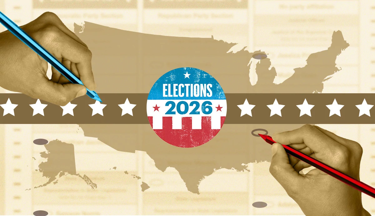 two hands one holding a red pencil while the other holds a blue one with an outline america behind them