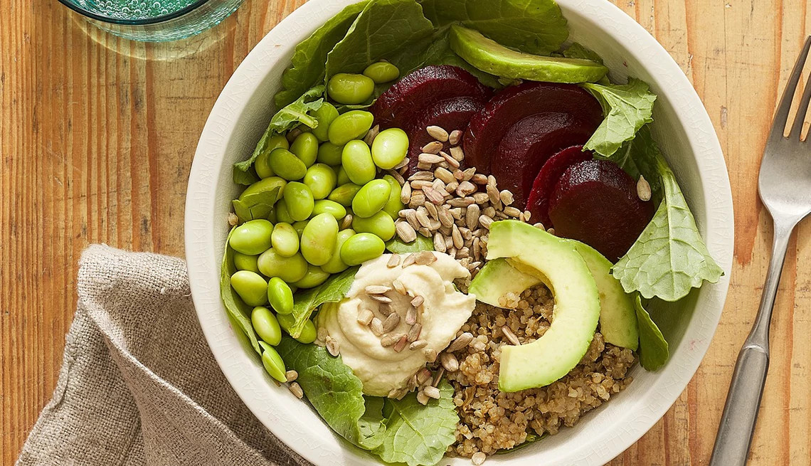 A close-up view of a vegan superfood grain bowl