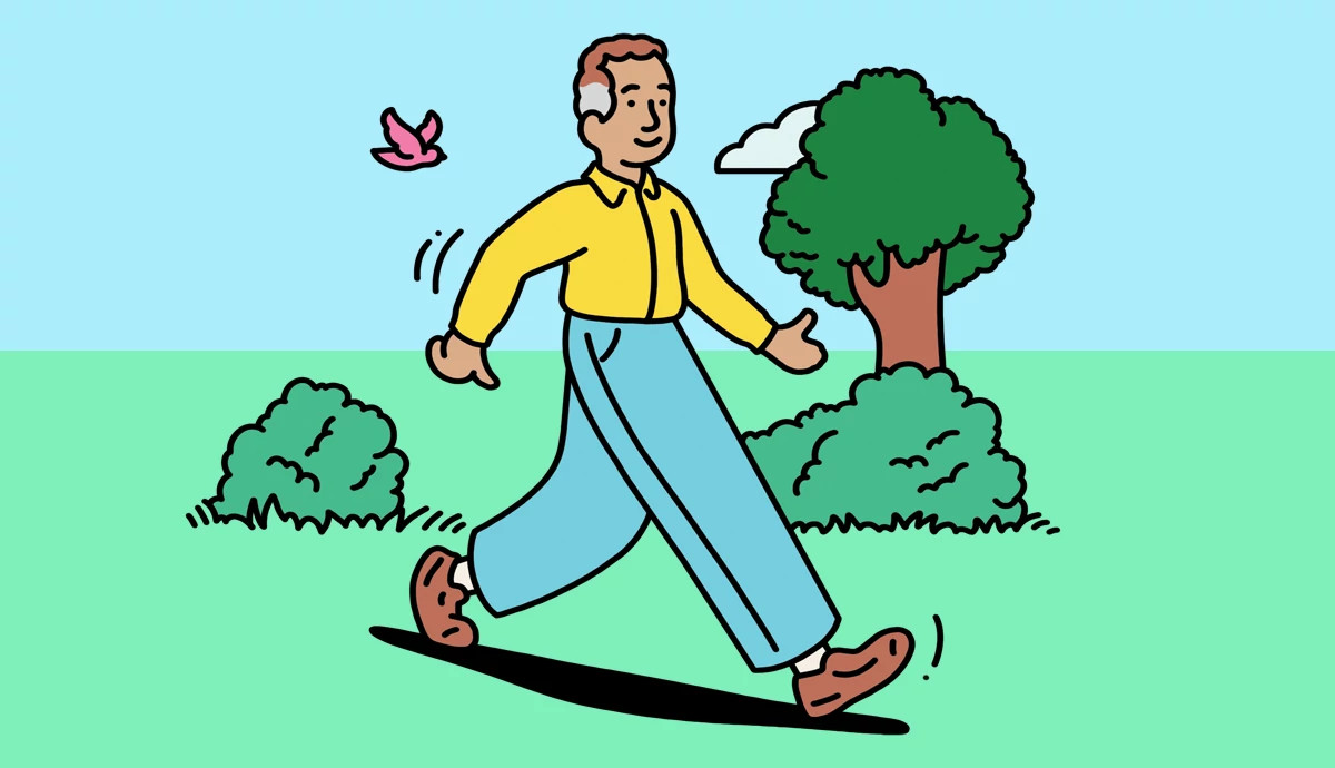 Illustration of an older man with gray hair taking a brisk walk outdoors in a park.