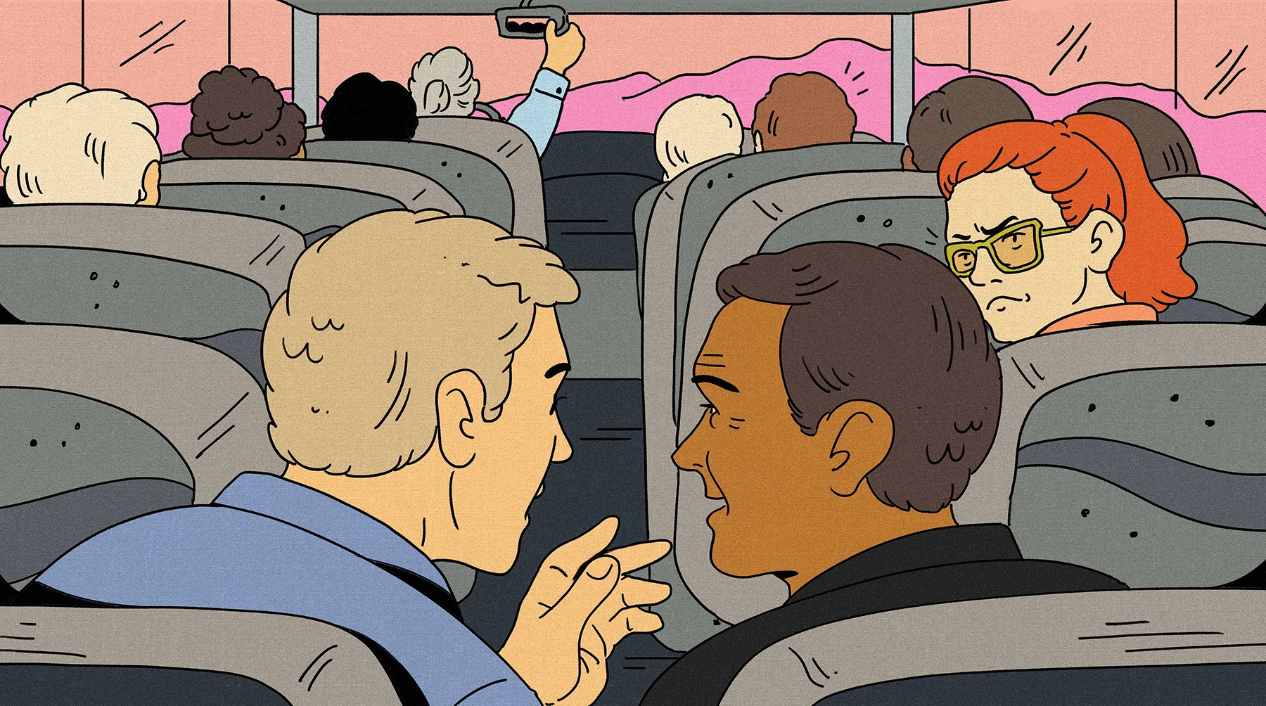 an illustration of people talking on a bus