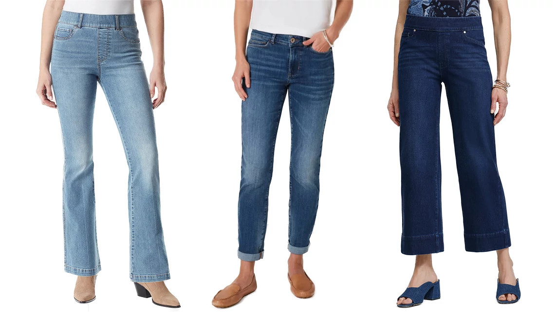 Gloria Vanderbilt Shape Effect Women’s High Rise Pull On Flare Leg Jean in Sonoma Valley; J.Jill The Boyfriend Jeans in Chelsea Wash; Chico’s Travelers Pull On Cropped Jeans in Skyway Indigo
