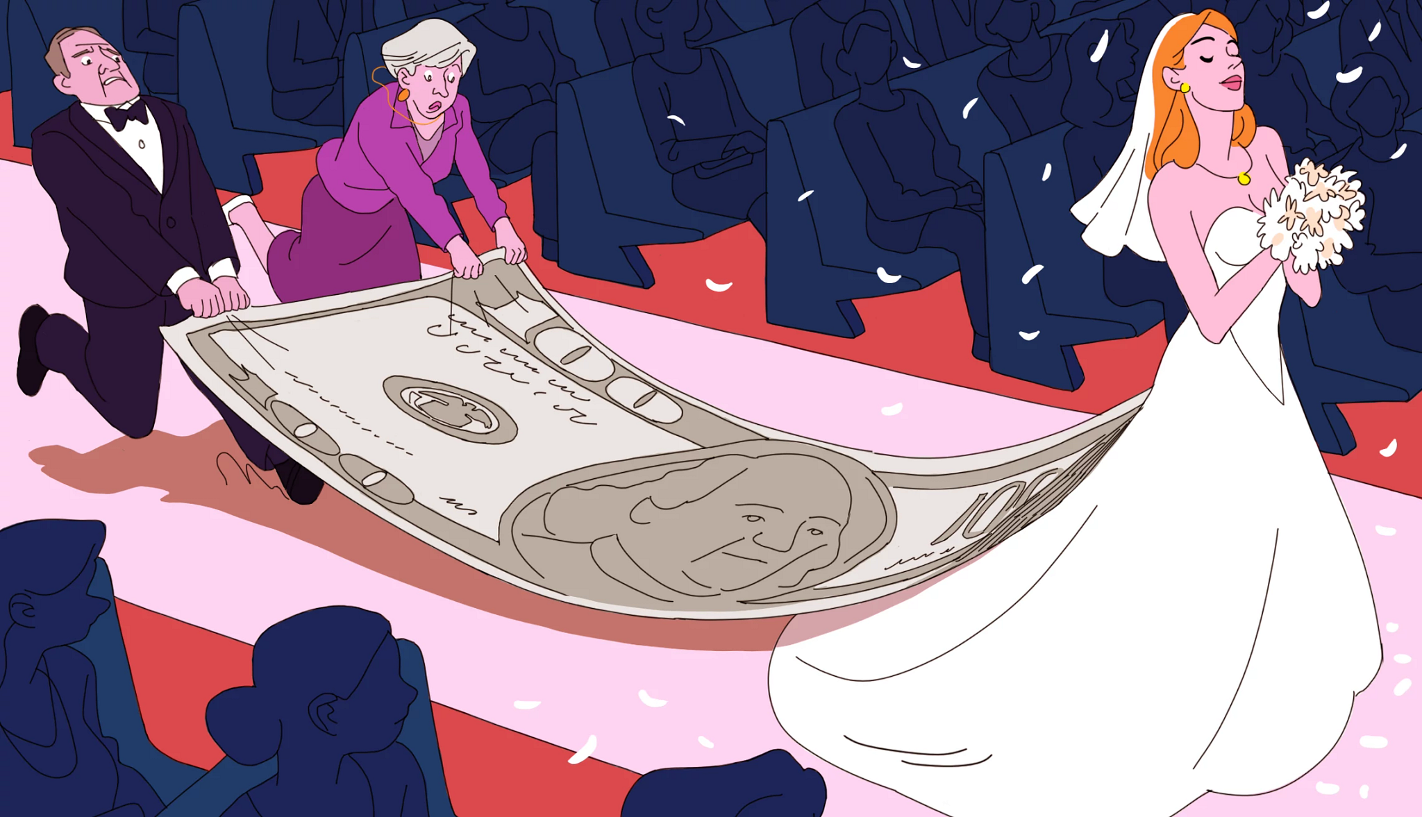Cut Wedding Costs a bride walks down the aisle as her parents hold the train of her wedding dress in the shape of a hundred dollar bill