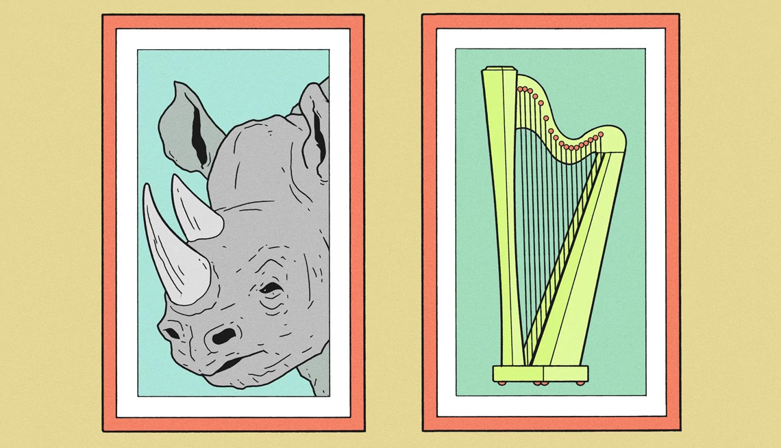 An illustration of a framed picture of a rhino on the left and a framed picture of a harp on the right