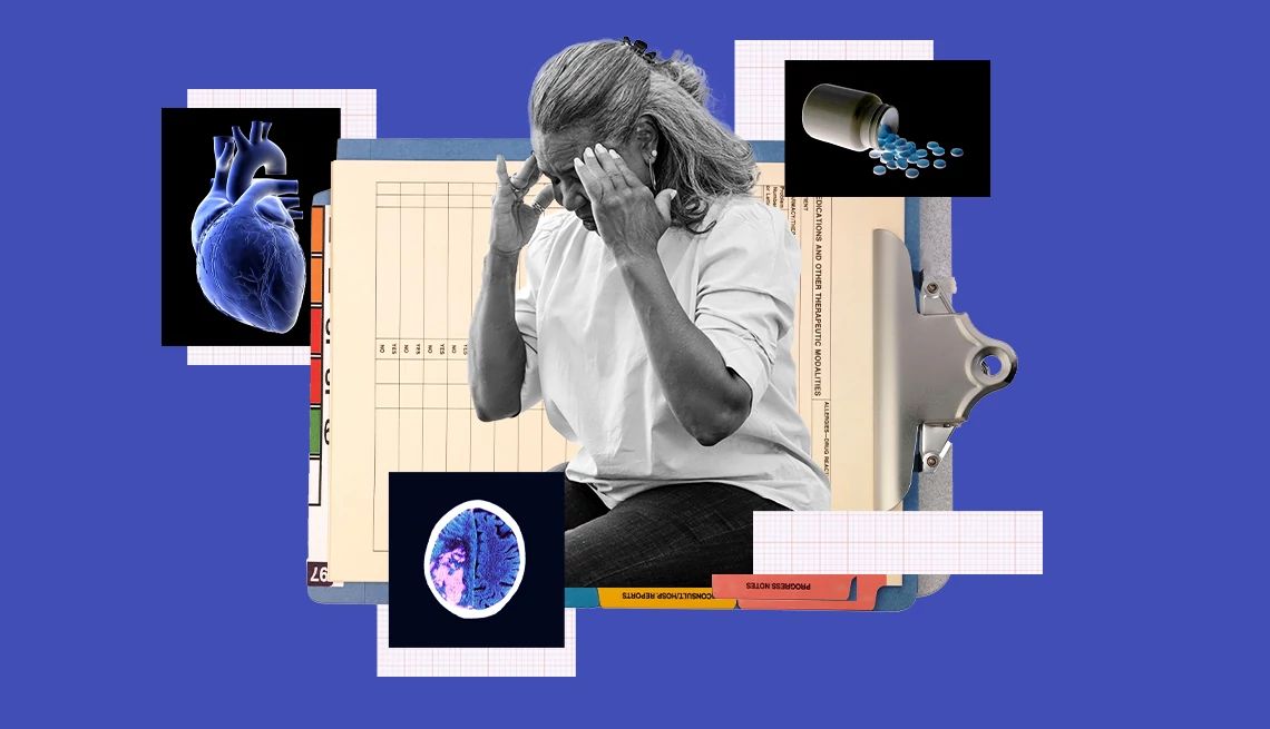 Common Myths About Strokes collage of woman rubbing her head with a clip board, a brain scan, heart scan, and a bottle of pills
