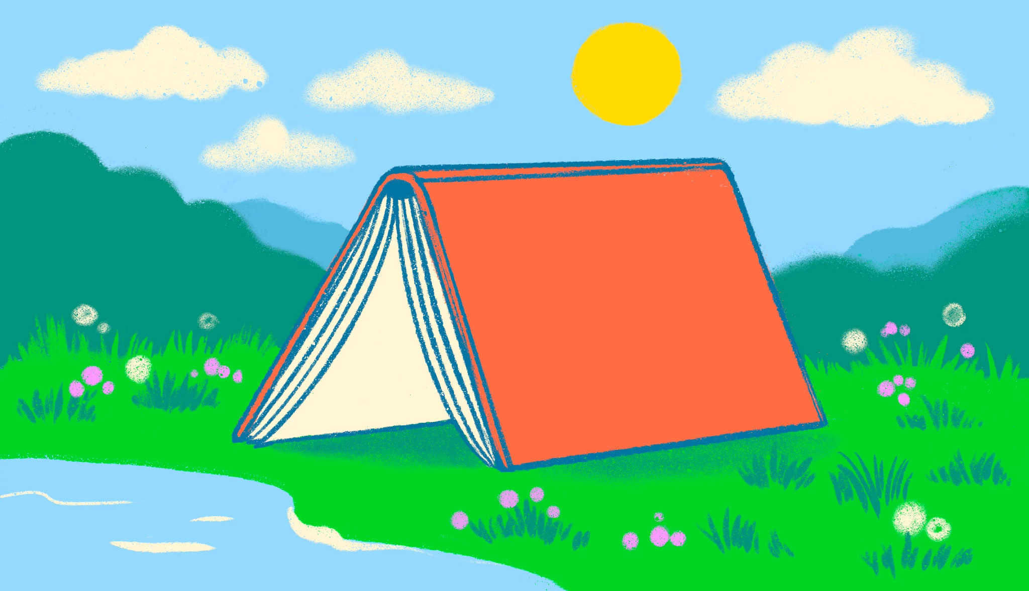 an illustration shows a giant book, upended to look like a camping tent, in a tranquil summer outdoor scene