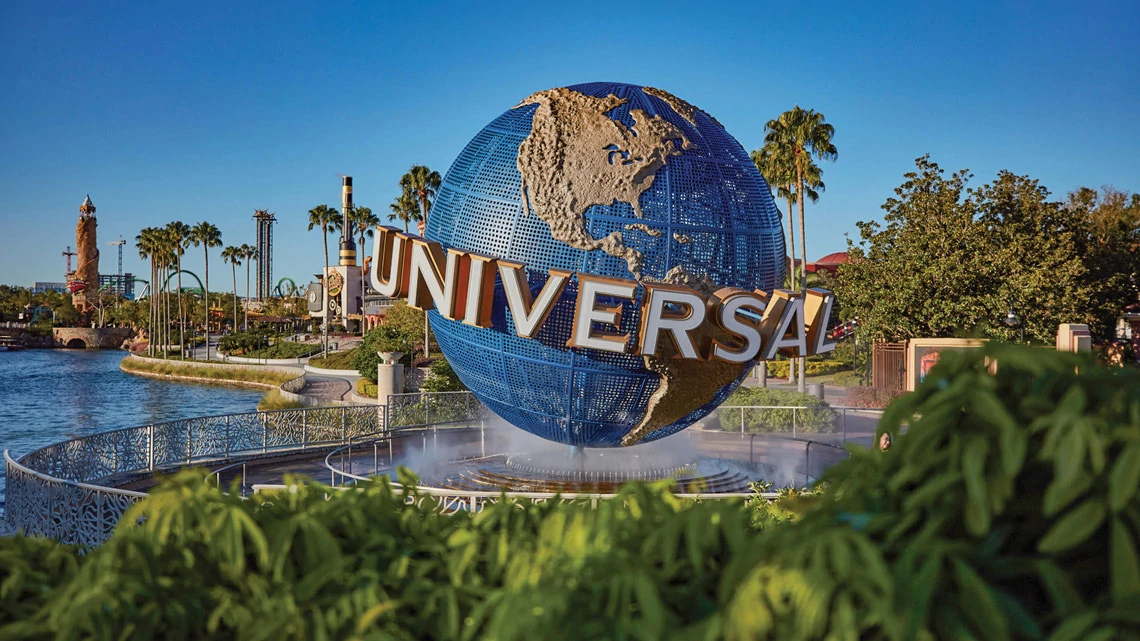 universal globe in the fountain at a theme park