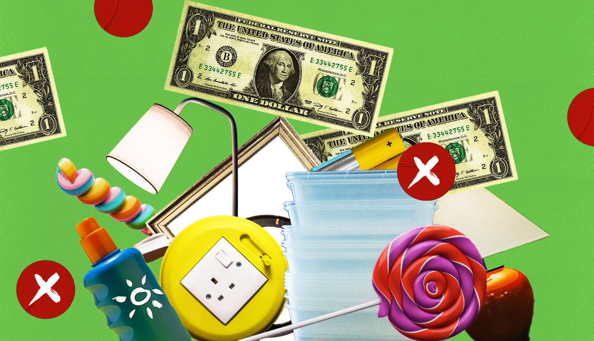 Various products and dollar bills on a green background