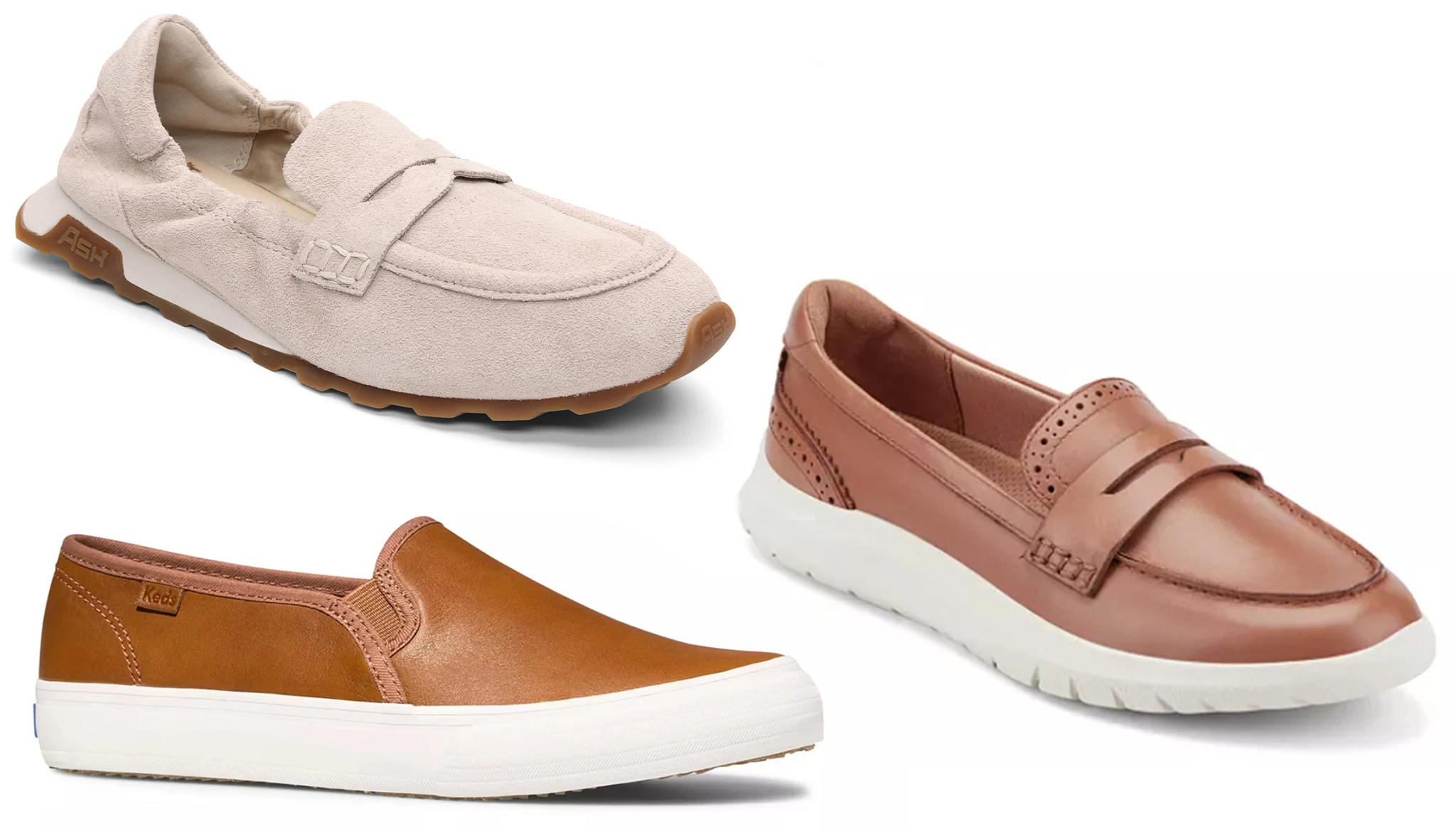 a collage with three different styles of casual loafer shoes