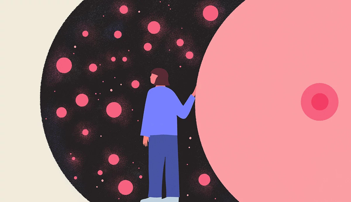 An illustration of a woman in a blue shirt and trousers, viewed from behind, standing between a dark, curved space filled with pink dots and a large, solid pink crescent shape on the right.
