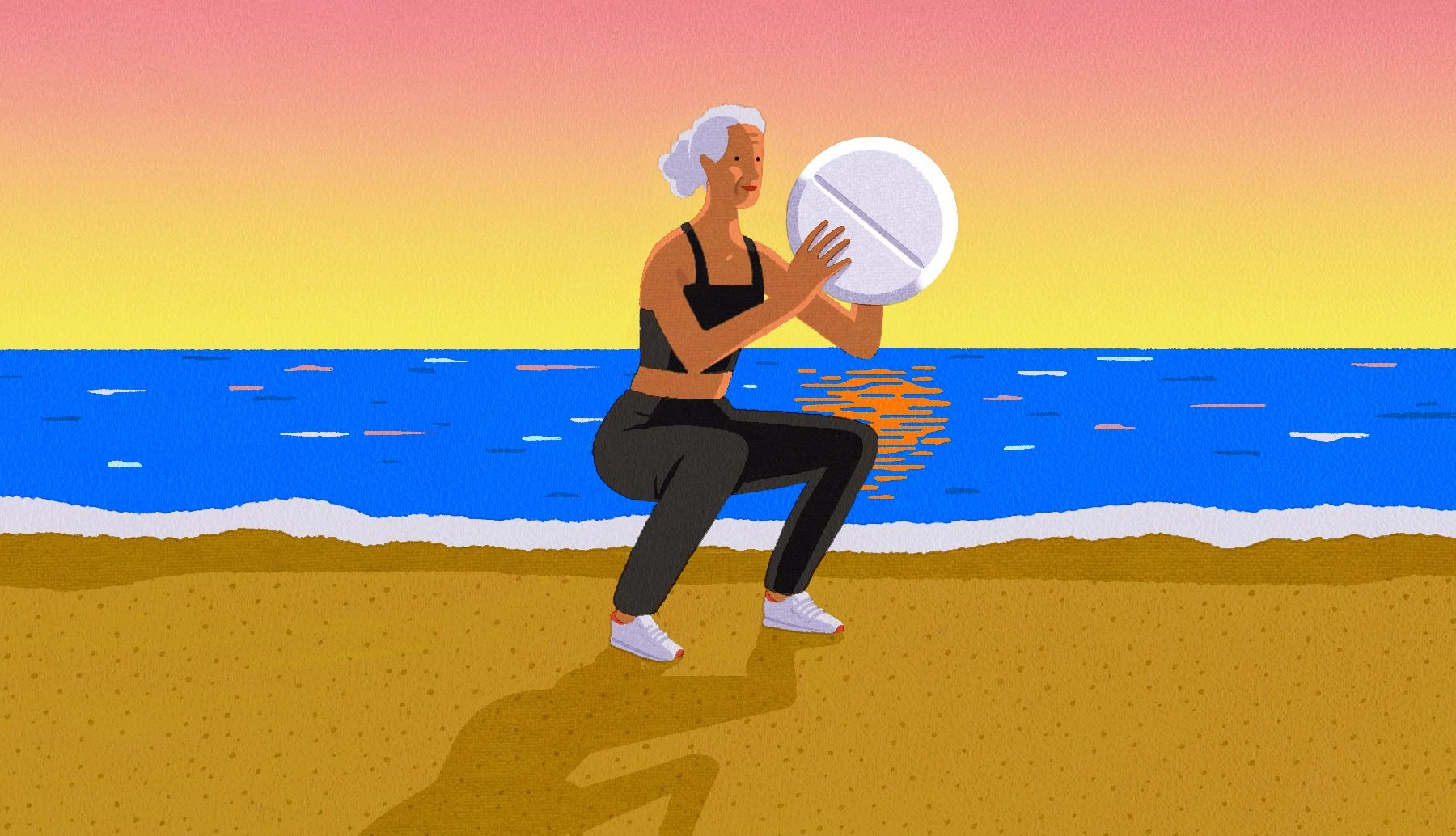 Ilustración de una mujer mayor haciendo ejercicio a la orilla del mar con una píldora semejando una pelota en la mano.