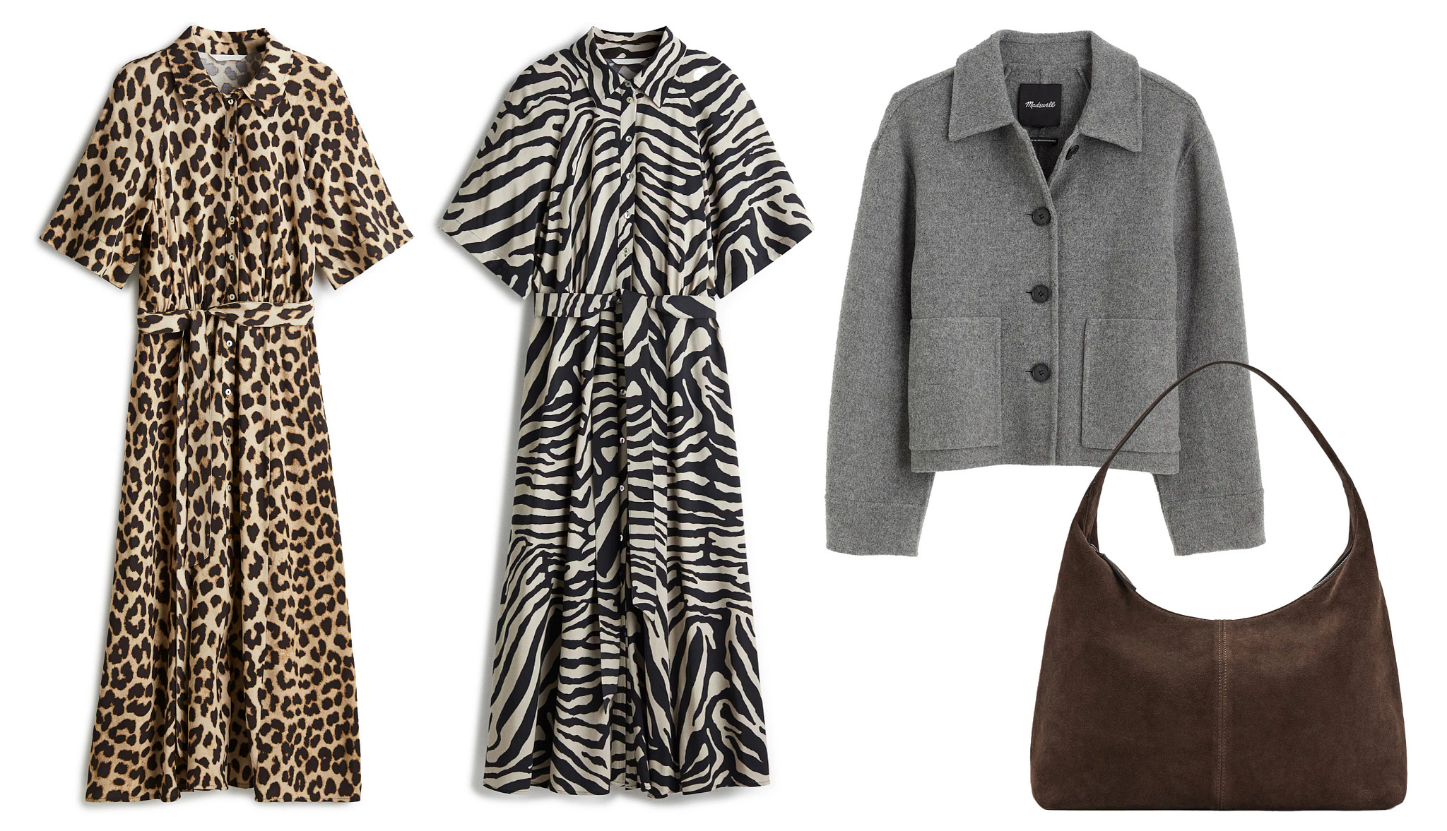 a collage with two different styles of maxi length animal print dresses, a gray felted jacket and a brown leather shoulder bag