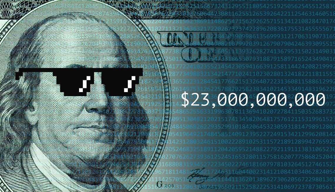 una imagen de Ben Franklin en el billete de 100 dólares con gafas de sol pixeladas en la cara