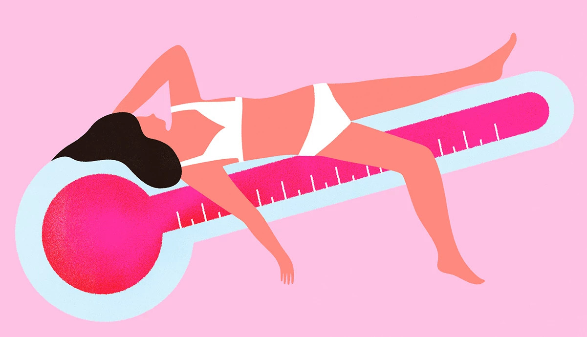Ilustración de una mujer sobre un termómetro