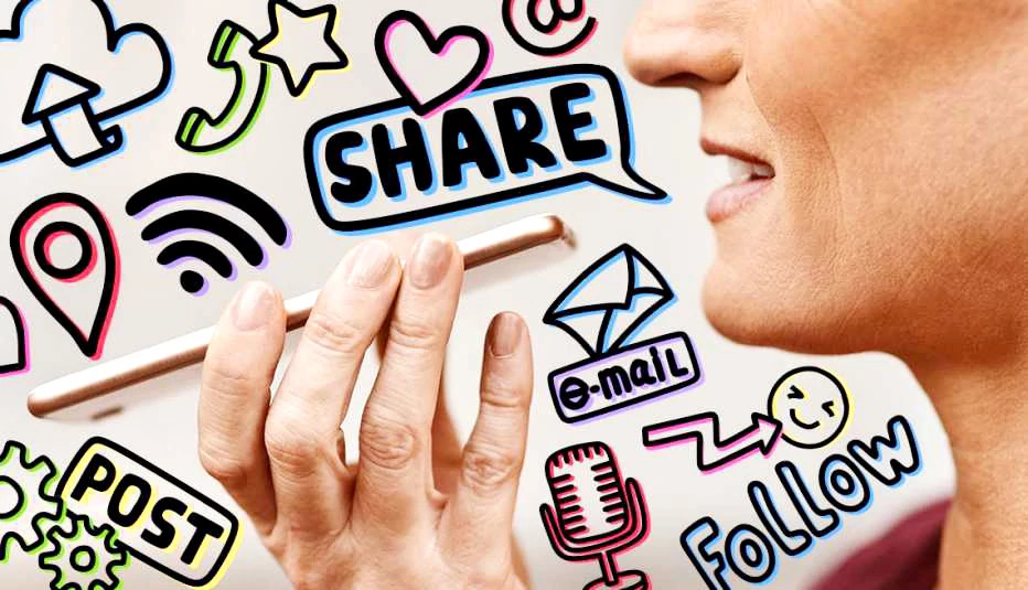 A photo illustration shows an older adult woman speaking into a smartphone with various thought bubbles and illustrations also in the frame 