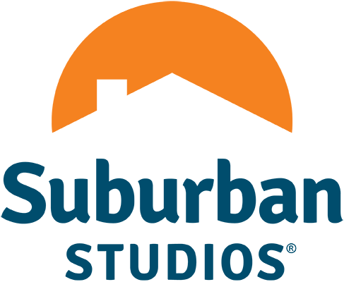 Suburban Studios logo with blue letters and orange house outline symbol