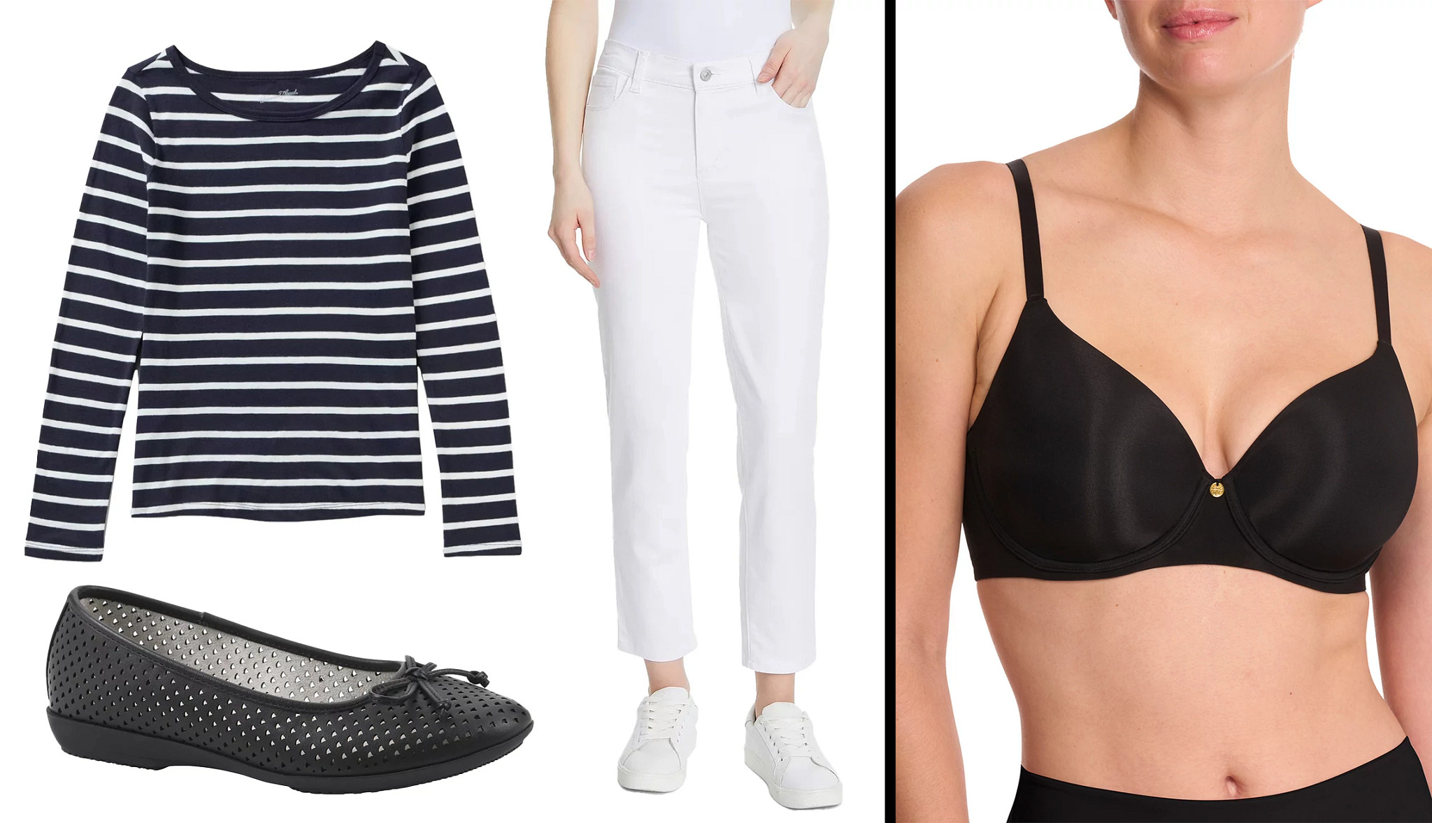 a collage with a black and white striped top, a black ballet flat shoe, a model wearing white trousers and a model wearing a black bra