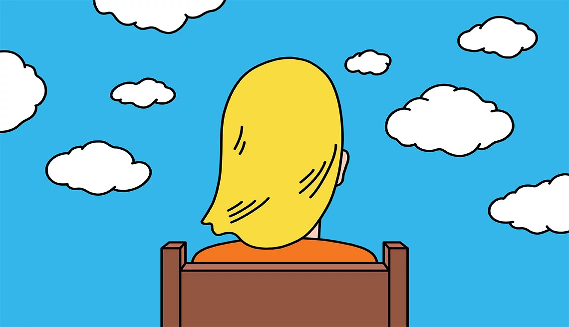 back-view illustration of a person with blonde hair sitting in a chair, looking out at a clear blue sky filled with white, fluffy clouds.