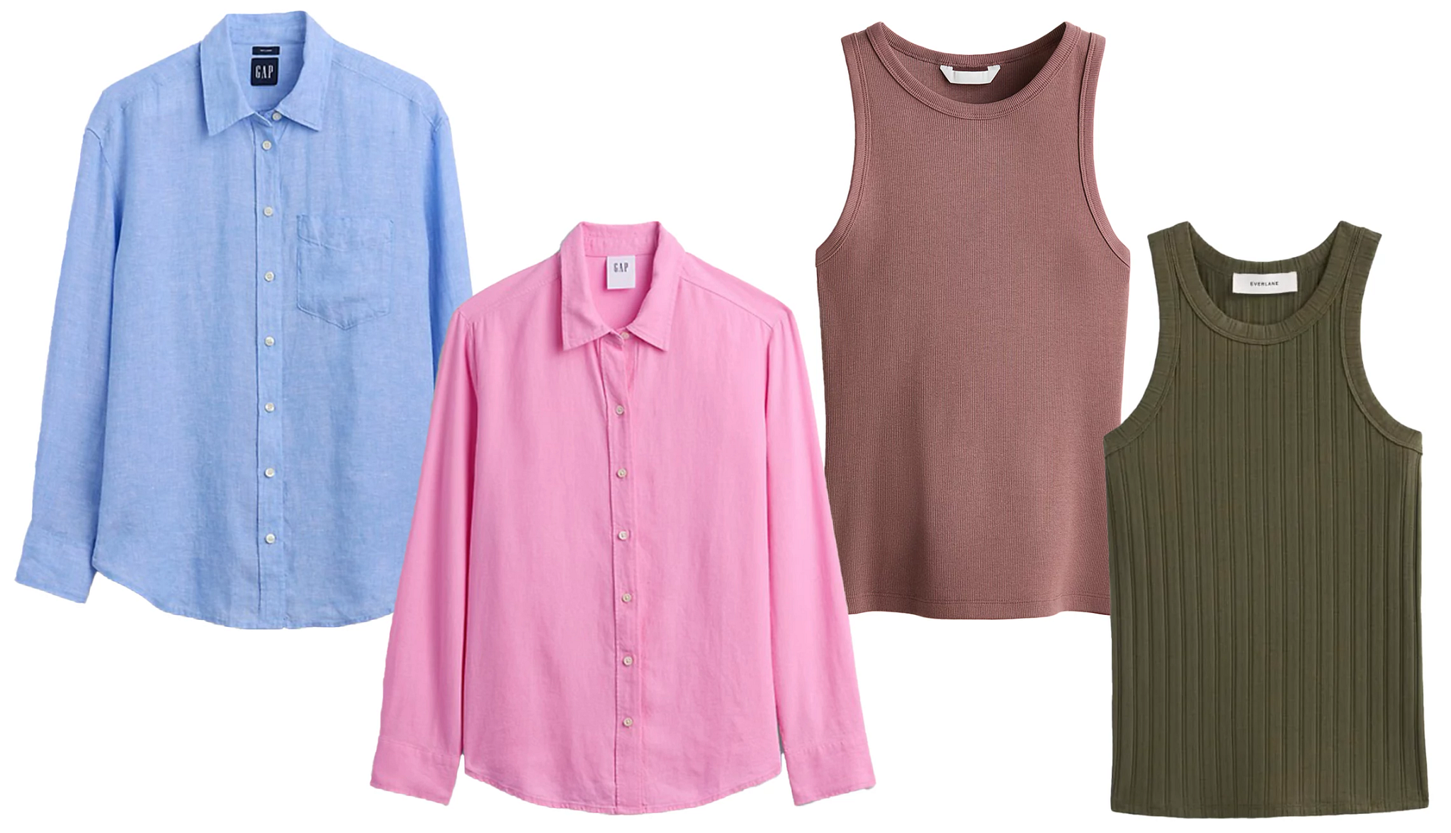 a collage with two button down shirts and two racer back tank tops