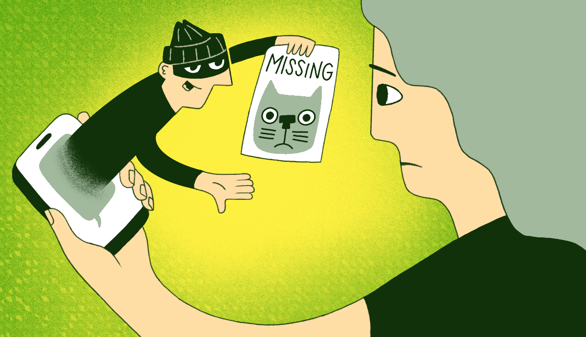 A person holds a smartphone as a scammer pops out of the screen holding a missing pet poster