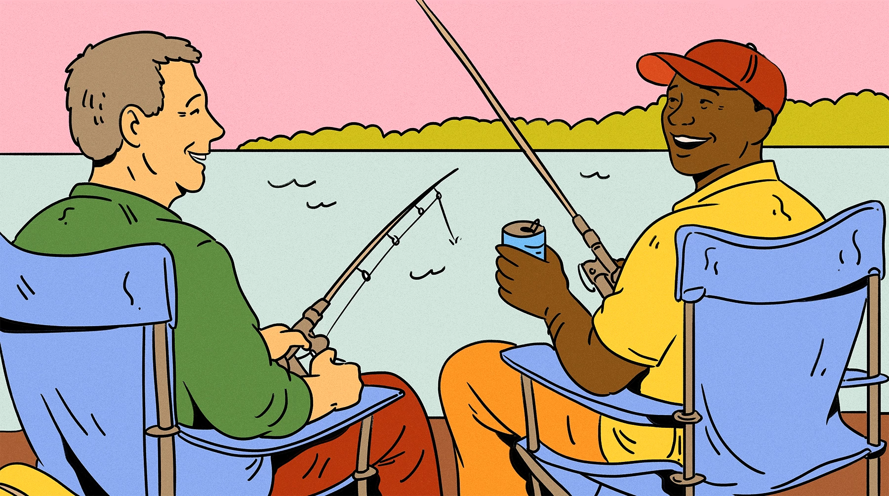 illustration shows two men sitting in lawn chairs on a pier, smiling and talking while fishing together under a pink sky, representing the importance of friendship and community for well-being as we age