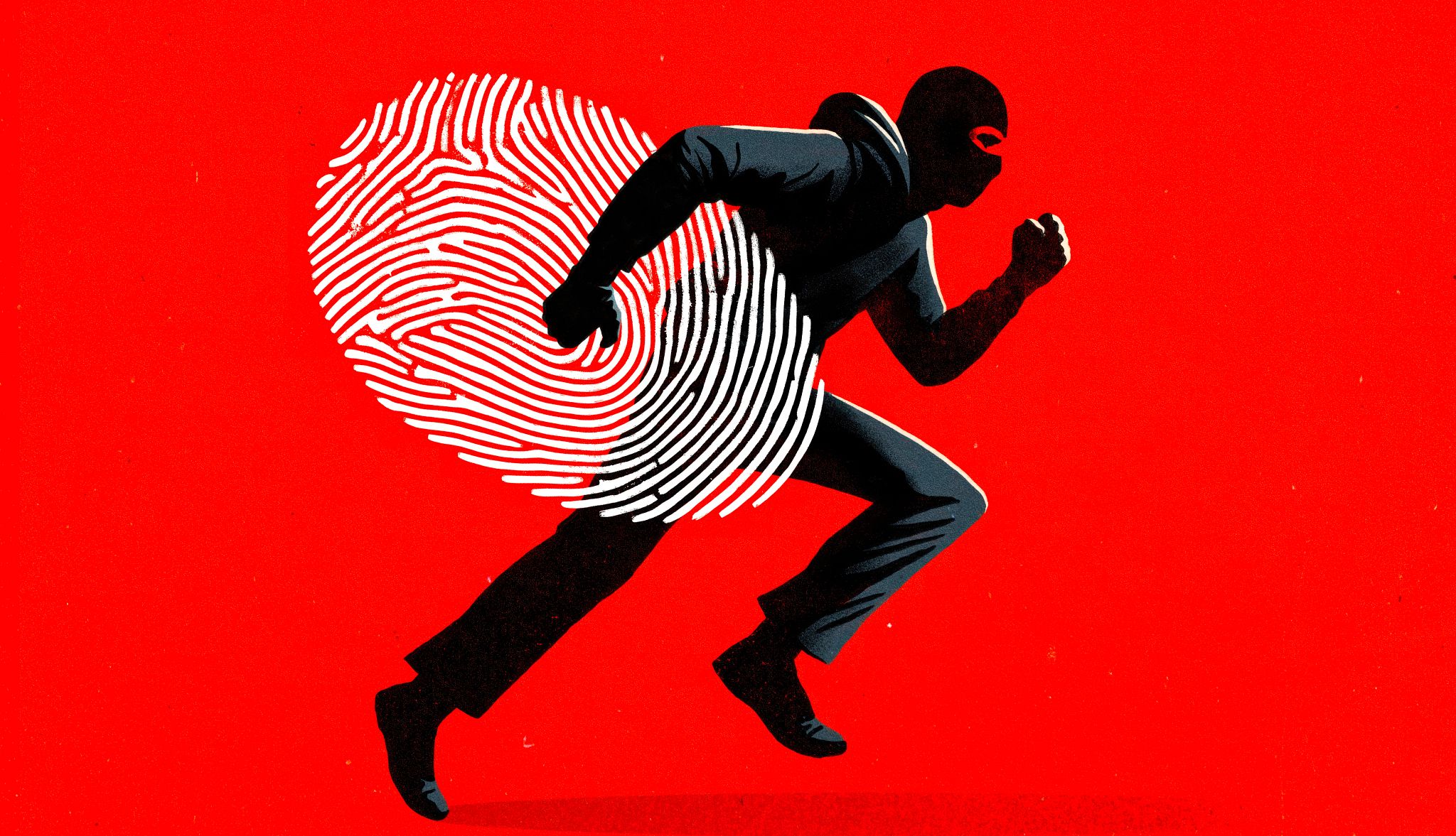 Illustration about identity theft with a thief running while carrying a fingerprint Illustration about identity theft with a thief running while carrying a fingerprint