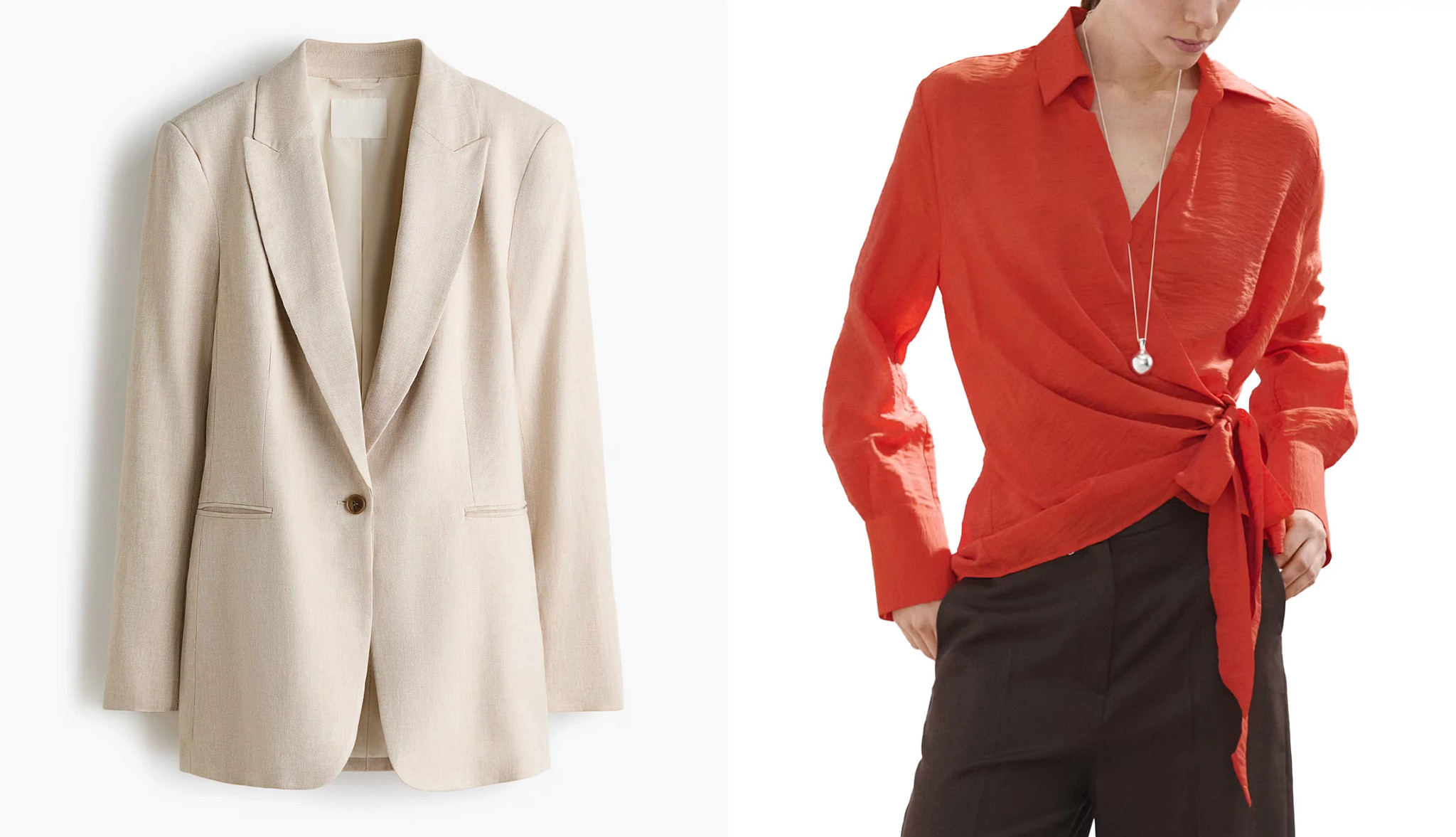 a collage with a cream colored blazer and a model wearing a read button down blouse