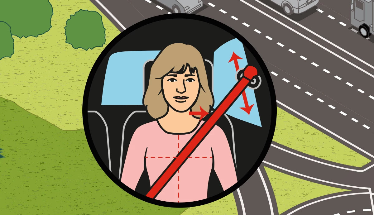 a graphic illustration shows a female driver with arrows pointing toward different parts of her seatbelt