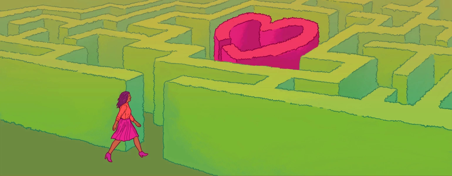 illustration of woman entering grass maze with heart in the middle