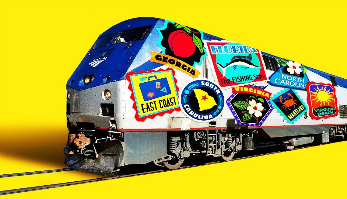 Smart Guide to Train Travel Train with all different state names and pictures representing those states on it
