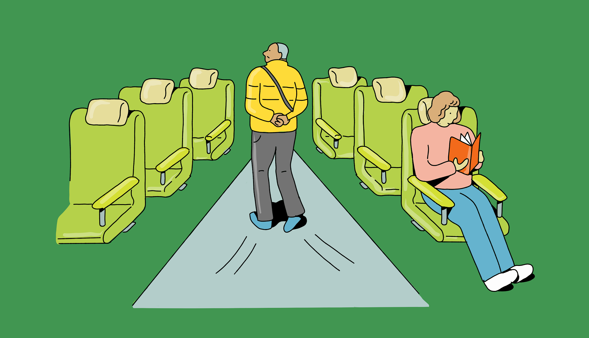 25 Great Ways European Train Travel an illustration of a person walking down a train aisle