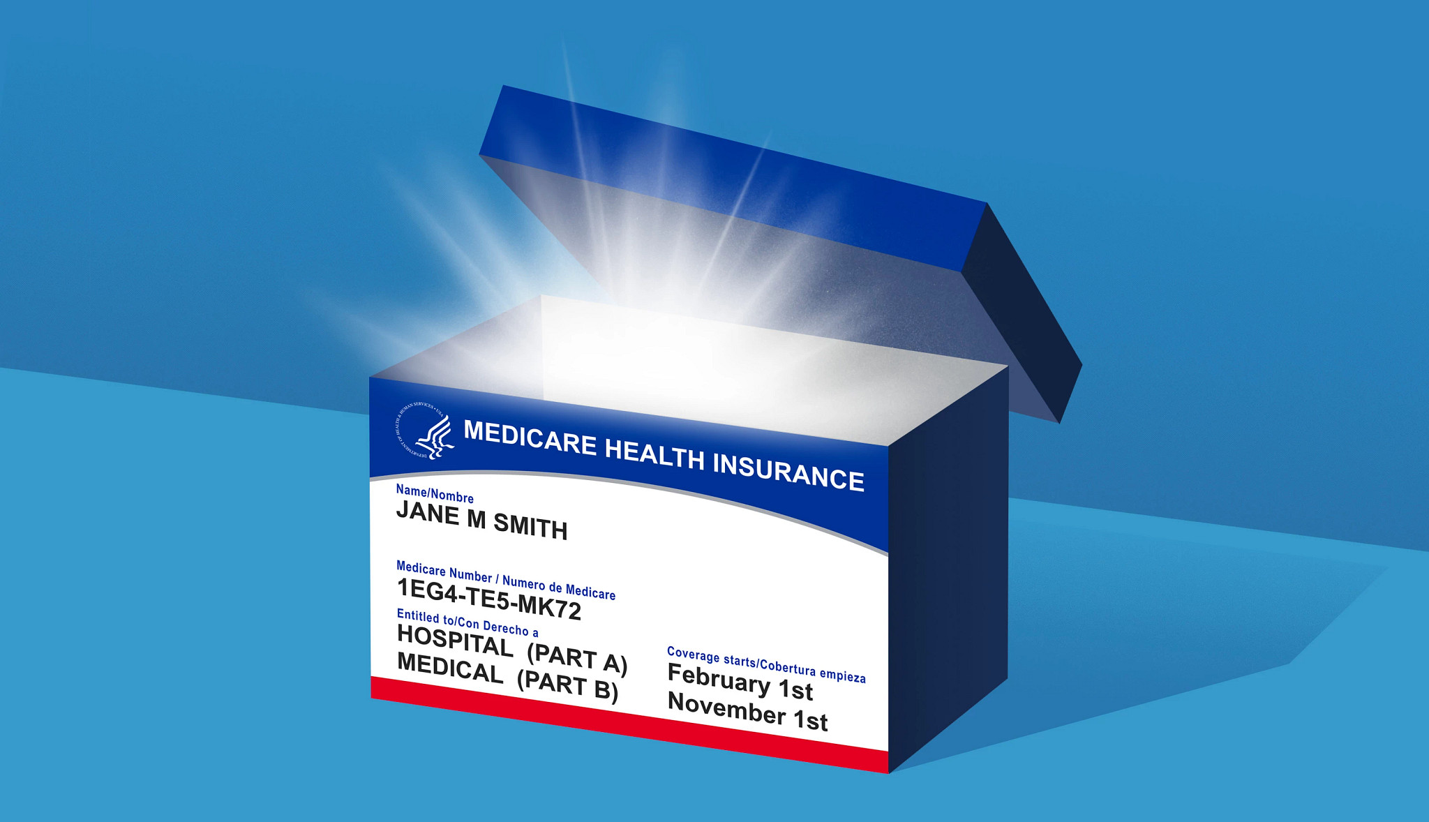 A blue and white box designed like a Medicare card glowing from within against a blue background