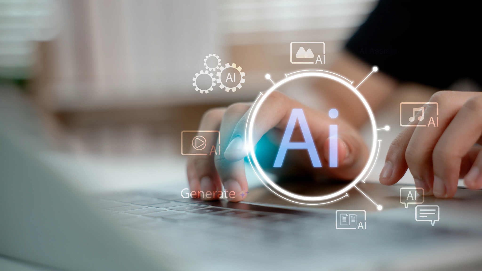 Hand typing on laptop with AI technology icons, representing artificial intelligence, machine learning, data generation, and digital transformation in modern business.