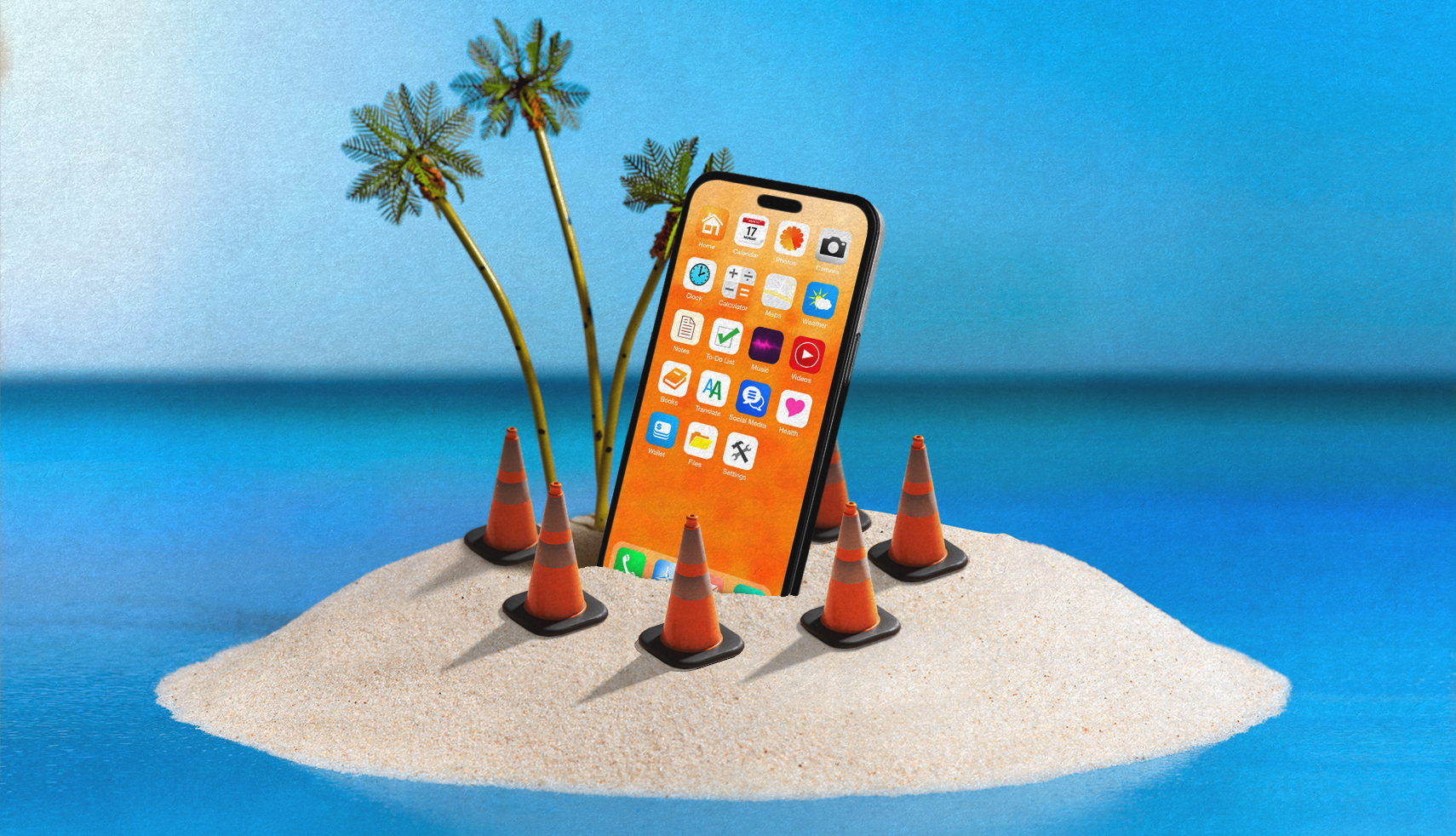 How to Beach-Proof Your Devices A graphic illustration shows a smartphone stranded on a tiny island in the middle of the ocean, surrounded by palm trees and traffic cones