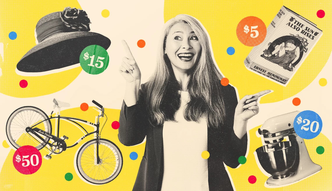 woman pointing at for sale items