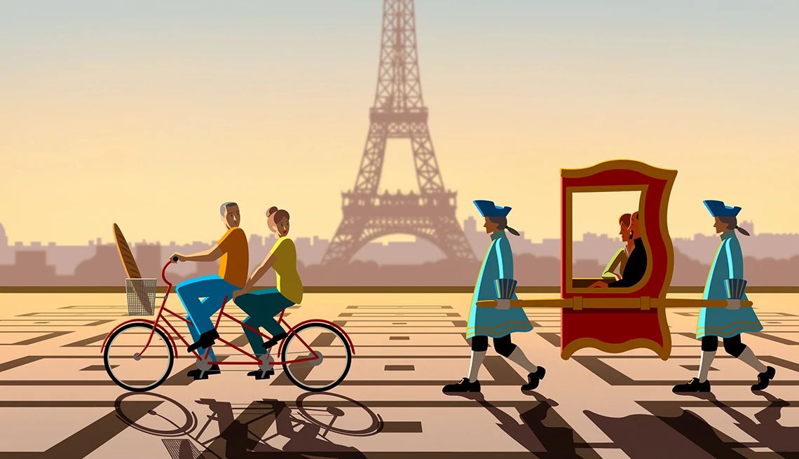 Vacation With Friends in front of the eiffel tower, a couple on a tandem bicycle looks back at another couple being carried in a litter by two men in period clothing