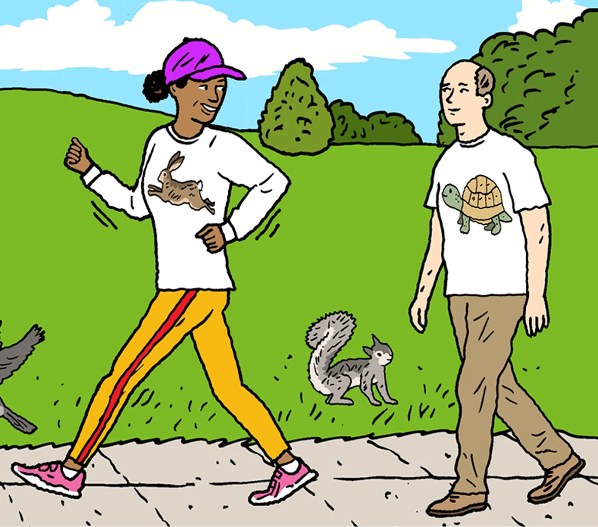Cartoon illustration of two people walking at different speeds, represented by rabbit and turtle icons on their shirts.