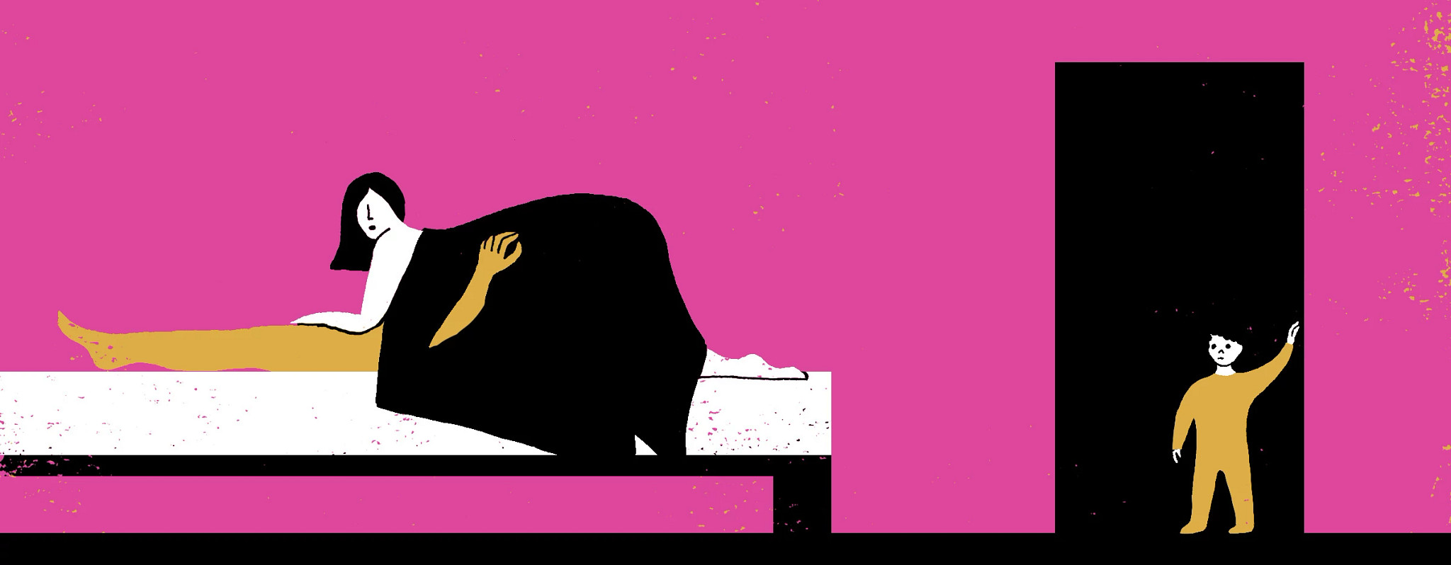 Illustration of parents having sex and child standing in doorway