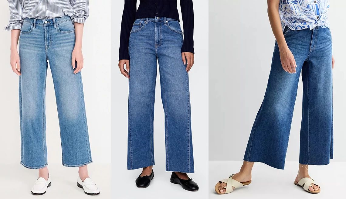 Jeans Style Guide for Women Over 50 models wearing wide-leg jeans