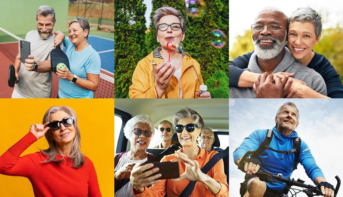 An AARP report found ageism is declining in online images of older adults Collage of older adults living active lives